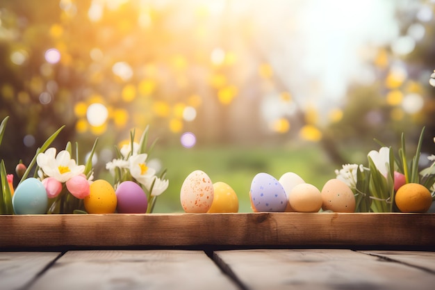 Easter eggs on a wooden table with a blurred background