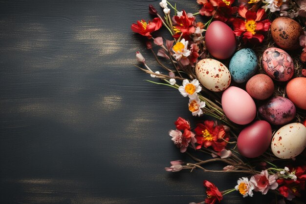 Easter eggs on a wooden table with flower