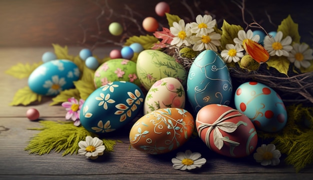 Easter eggs on a wooden table with flowers and a wooden background