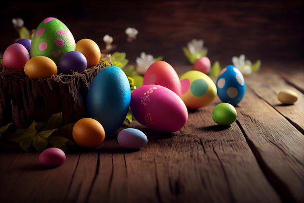 Easter eggs on a wooden table with flowers