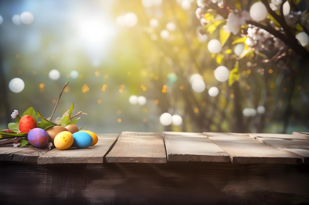 Easter eggs on a wooden table with a tree in the background