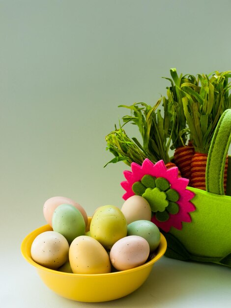 Easter eggs in yellow bowl.