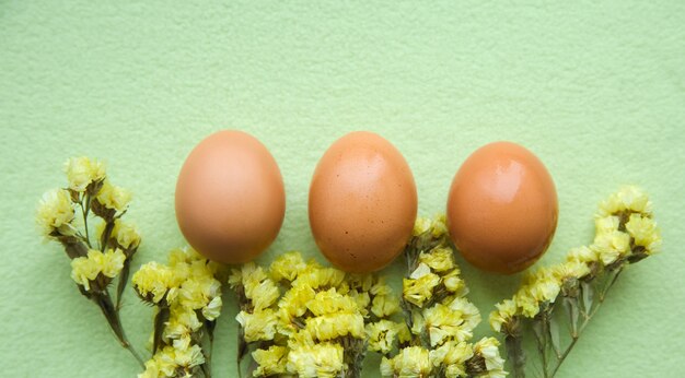 Easter eggs and yellow flowers