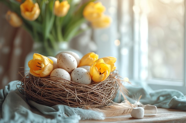 Easter festive spring table setting decoration eggs in nest fresh yellow tulips in vase marshmallows