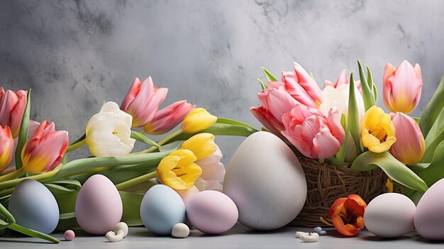 Easter floral soft grey background various eggs end egg shell and tulips bright color