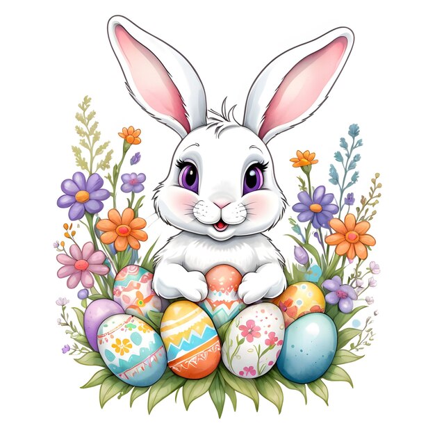 Easter flowers wreath with bunny and painted eggs on isolated white background