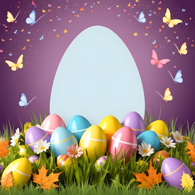 Easter frame shaped as an egg with colored eggs flowers and butterflies