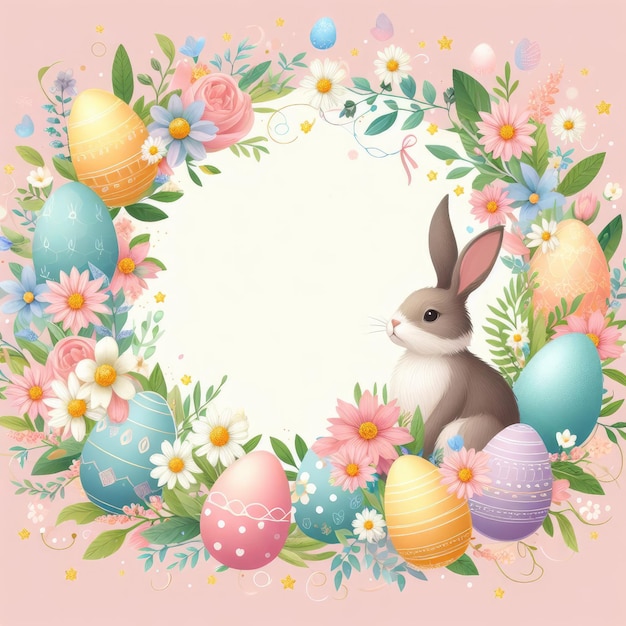 easter frame with colored eggs and flowers