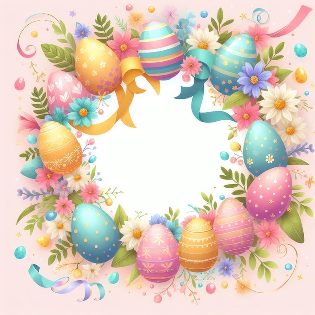 easter frame with colored eggs and flowers