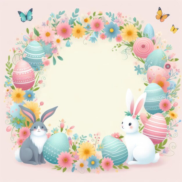 easter frame with colored eggs and flowers