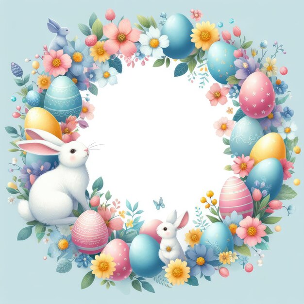 easter frame with colored eggs and flowers