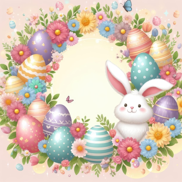 easter frame with colored eggs and flowers