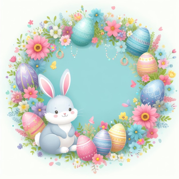 easter frame with colored eggs and flowers