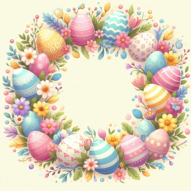 easter frame with colored eggs and flowers