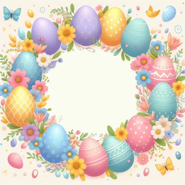 easter frame with colored eggs and flowers