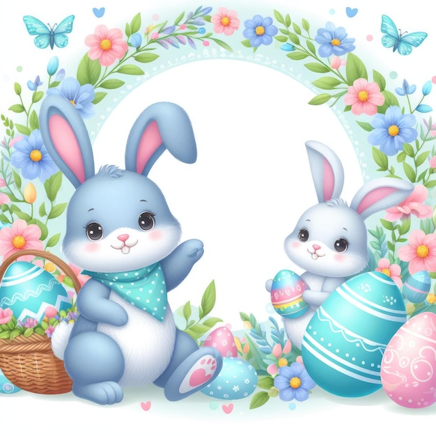 easter frame with colored eggs and flowers