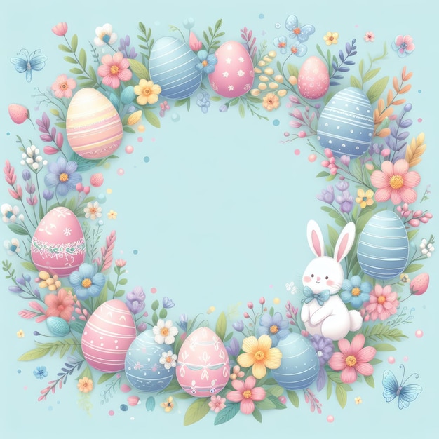 easter frame with colored eggs and flowers