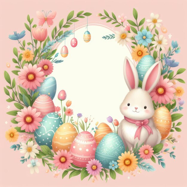 easter frame with colored eggs and flowers