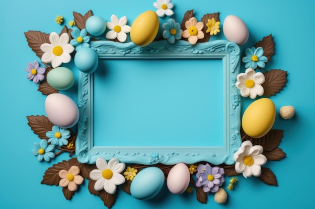 Easter frame with eggs and spring flowers Floral realistic composition with copy space Generative AI