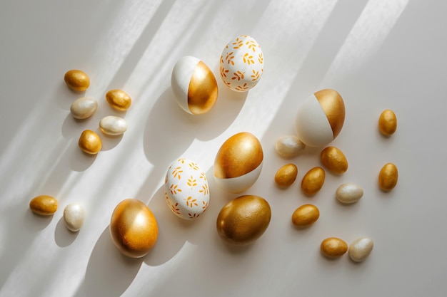 Easter golden eggs and candy on on white background Holiday concept Happy Easter card