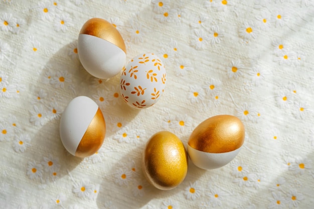 Easter golden eggs on the table Holiday concept Happy Easter