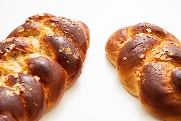 Easter greek tsoureki braid sweet bread brioche isolated on white