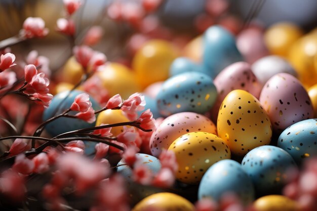 Easter Greeting card white mockup with pink flowers and yellow blue spotted pastel color eggs