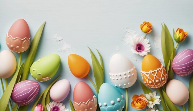 Easter holiday background with easter eggs and flowers