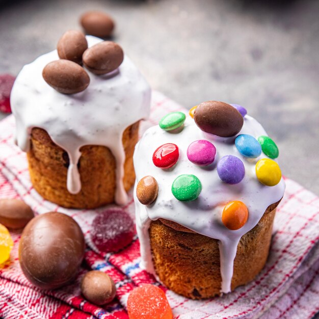 Easter holiday cake and easter chocolate eggs candy dessert treat meal food snack on the table