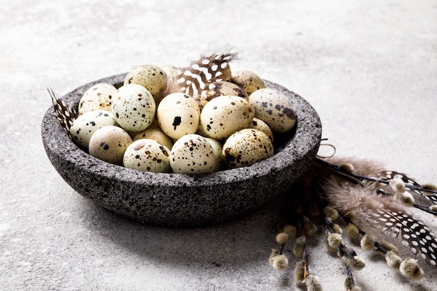 Easter holiday concept.Quail eggs in a plate 