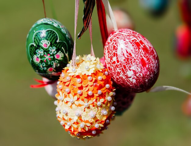 Easter holiday. Festival of Easter Eggs. Beautiful multicolored easter eggs in nest