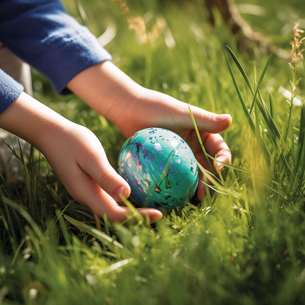 Easter hunt for painted eggs Easter egg in the hands of a child on a background of green grass