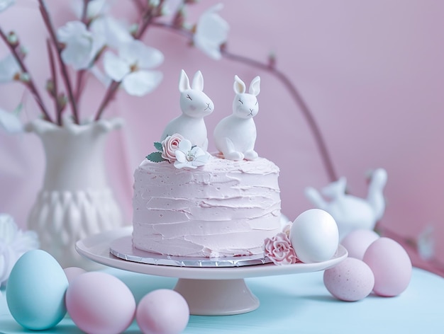 Easter illustration with rabbits eggs and a cake in pastel colors