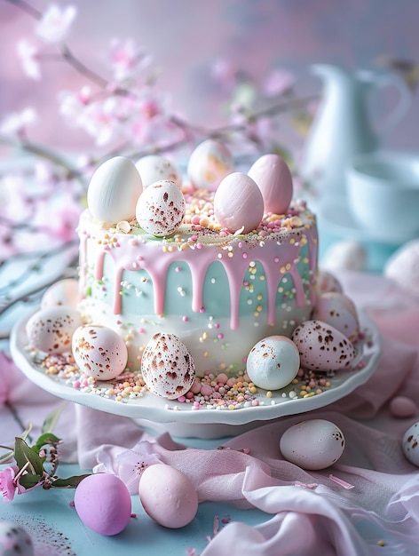 Easter illustration with rabbits eggs and a cake in pastel colors