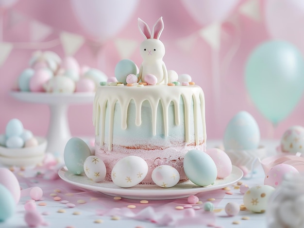 Easter illustration with rabbits eggs and a cake in pastel colors