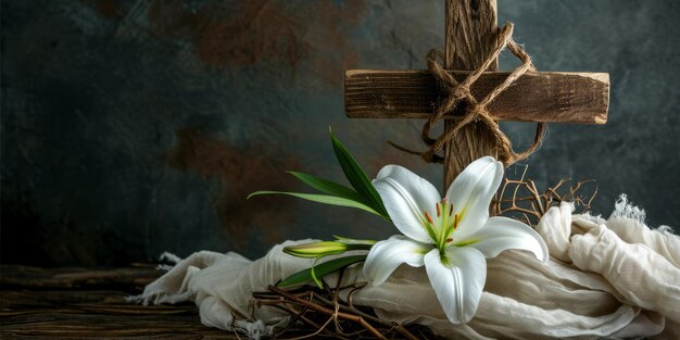 Easter Lily and Wooden Cross