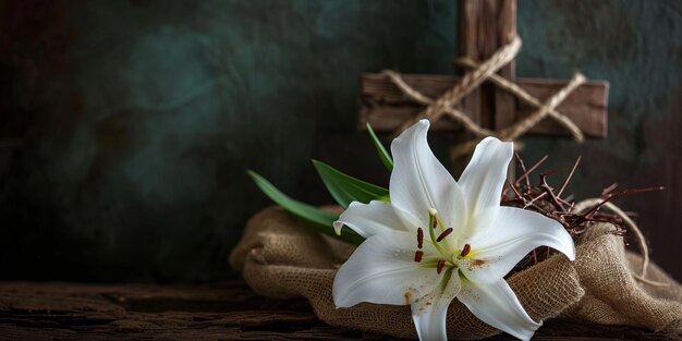 Easter Lily and Wooden Cross