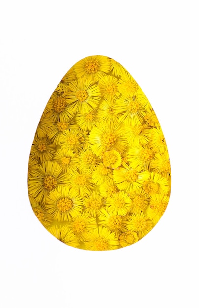 Easter minimal background with a silhouette of an egg made of yellow flowers. Creative concept of Happy Easter Flat Lay top view