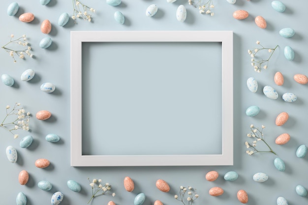 Easter mock up with pastel chocolate eggs on blue background