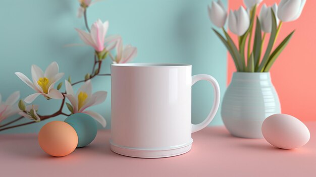 Easter Mug Mockup with pastel colored easter eggs and flowers