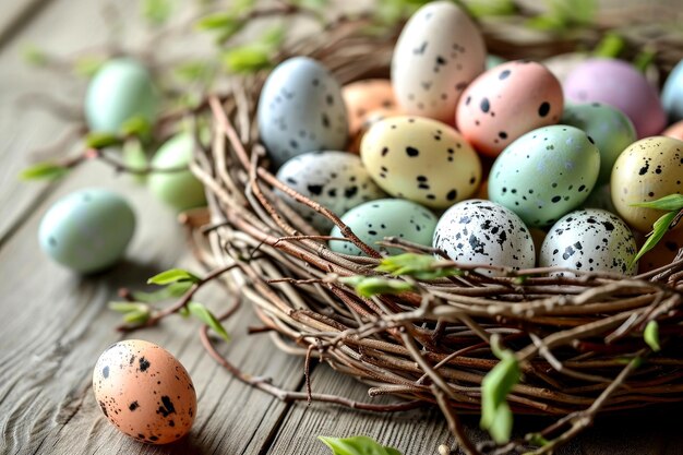 Easter multicolored Easter eggs in a basket and blooming cherry branches on a wooden table