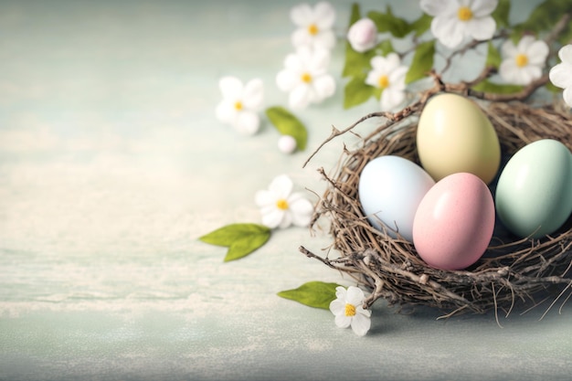 Easter nest with eggs and spring apple blossoms decoration Generative AI