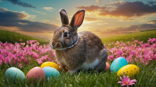 Easter painted eggs with bunnies on grass in sunny garden