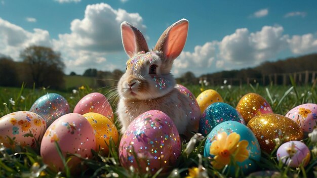 Easter painted eggs with bunnies on grass in sunny garden