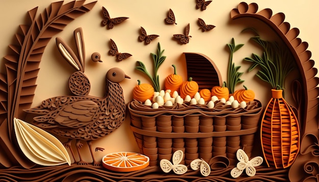 Easter paper quilling with bunny, chocolate and carrots