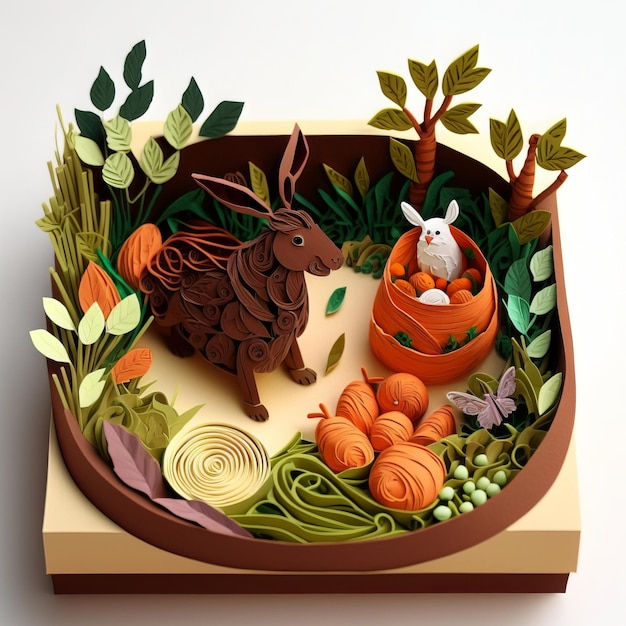 Easter paper quilling with bunny, chocolate and carrots