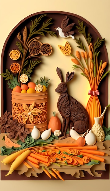 Easter paper quilling with bunny, chocolate and carrots