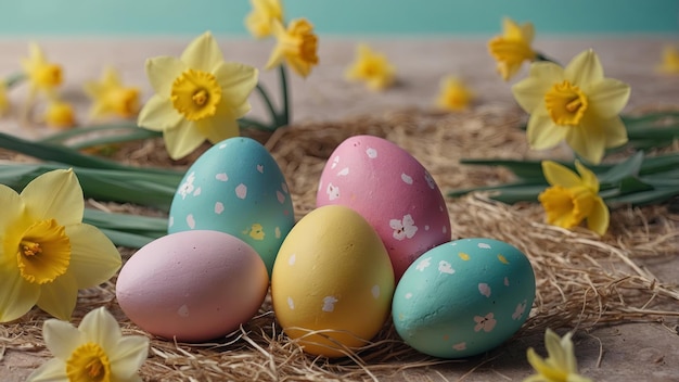 Easter pastel background with colorful easter eggs and daffodils AI generated