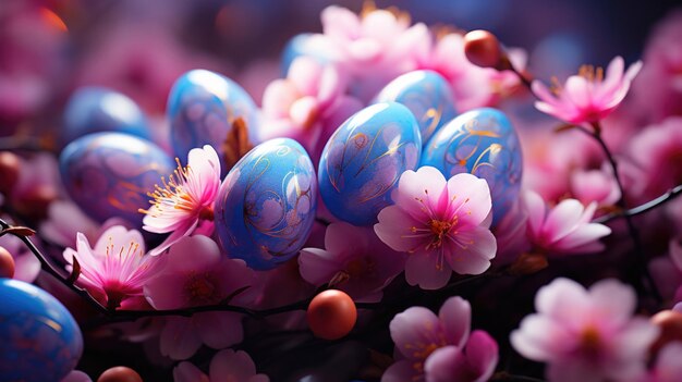 Easter pastel background with Easter eggs and flowers