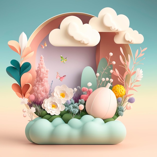 Easter podium platform with Easter eggs and flowers Generative AI